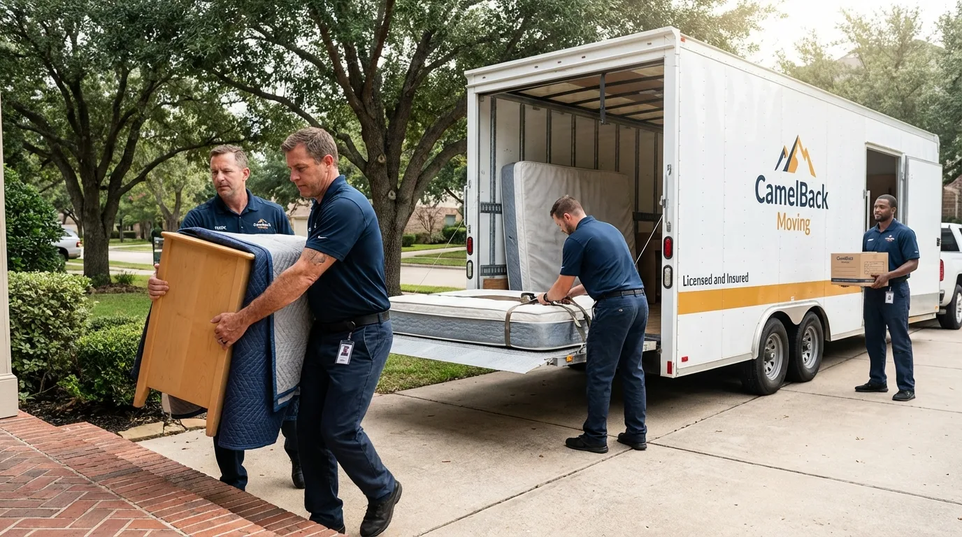 Crew loading residential truck for cross-state move from Brenham, TX