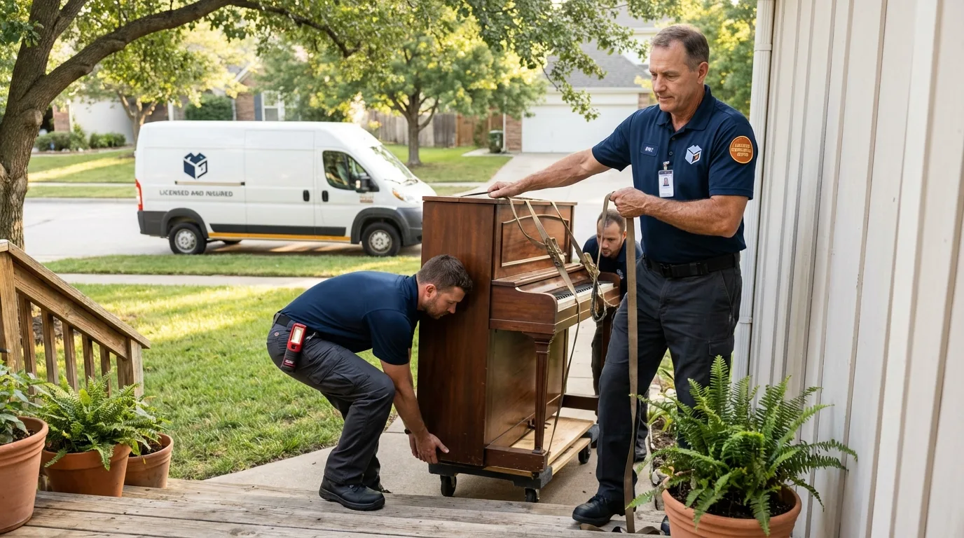 Licensed piano movers securing grand piano in Brenham, TX