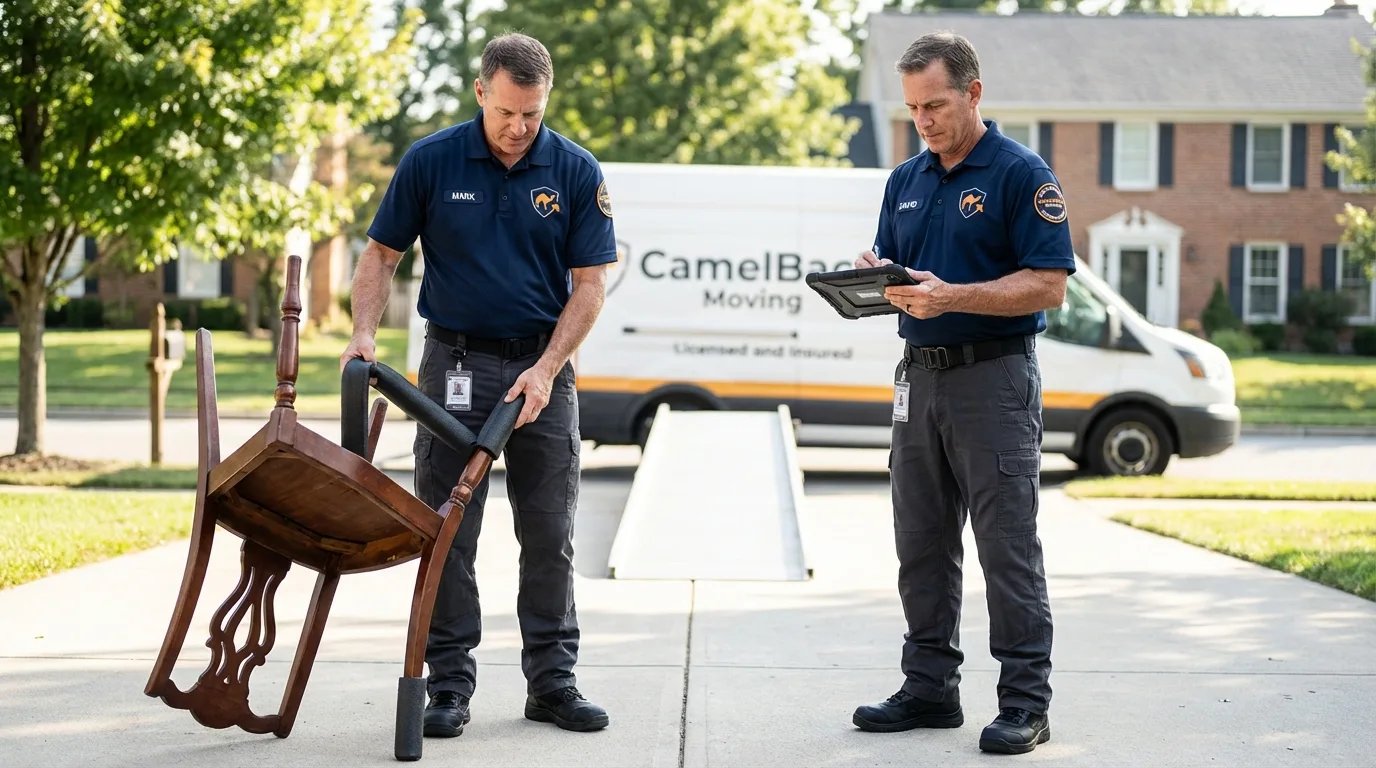 Movers inspecting furniture for damage prevention before loading in Brenham, TX