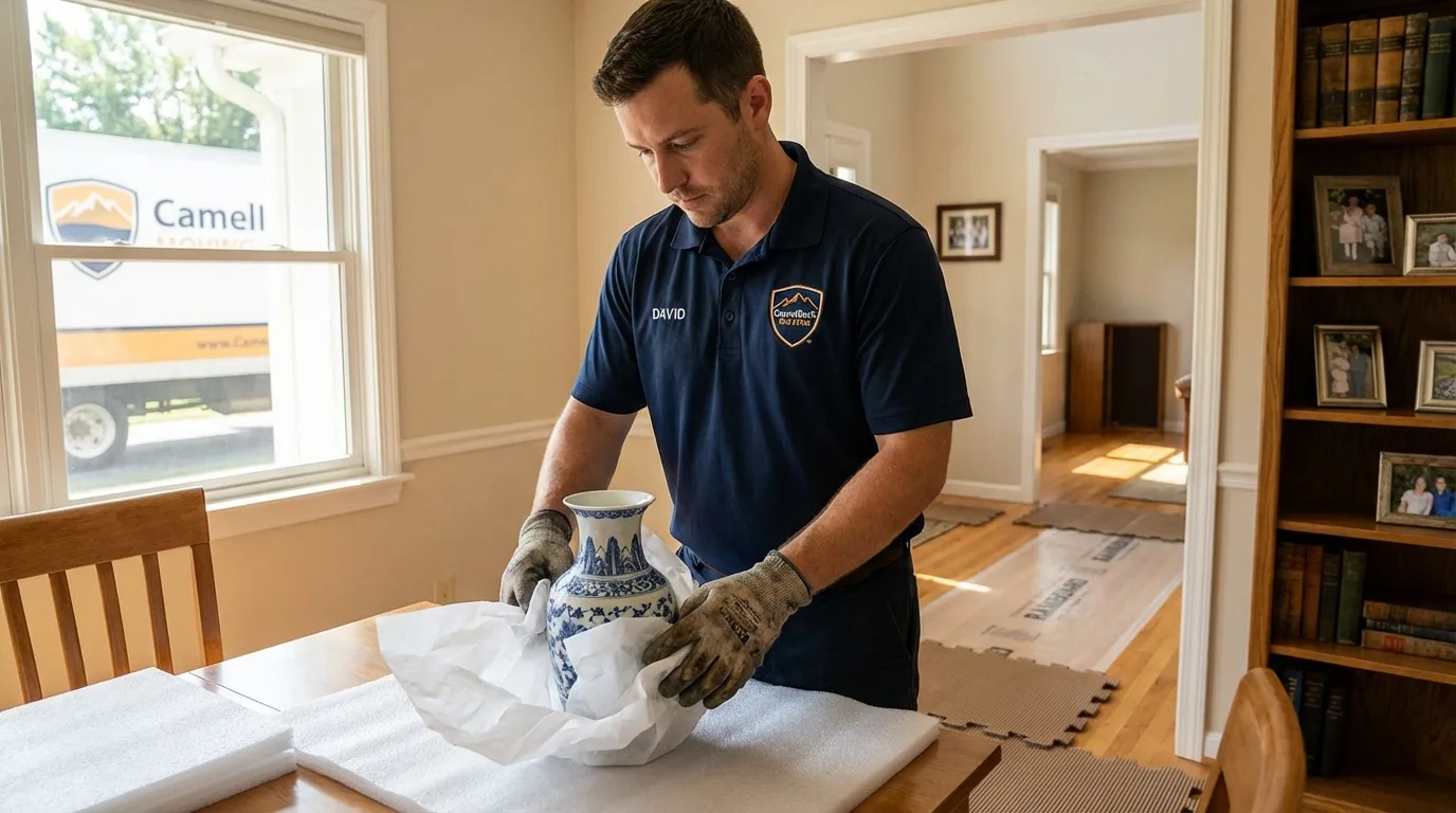 Professional crew carefully wrapping antique vase for senior downsizing move in Brenham, TX